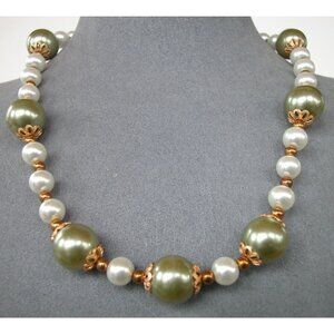 Vintage Faux Pearl & Gold-Tone Beaded Necklace With Earrings